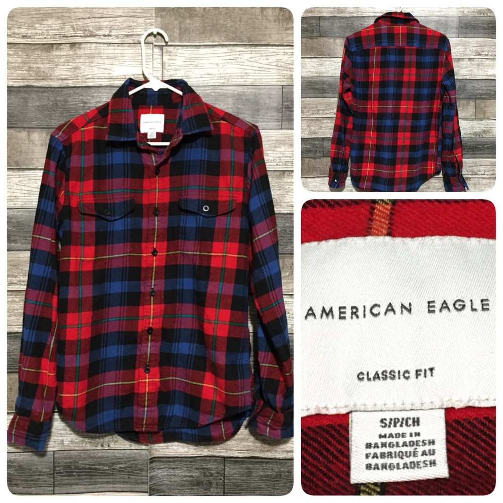American Eagle Classic Fit Flannel Shirt Men’s S Red Blue Tartan Plaid Button Up